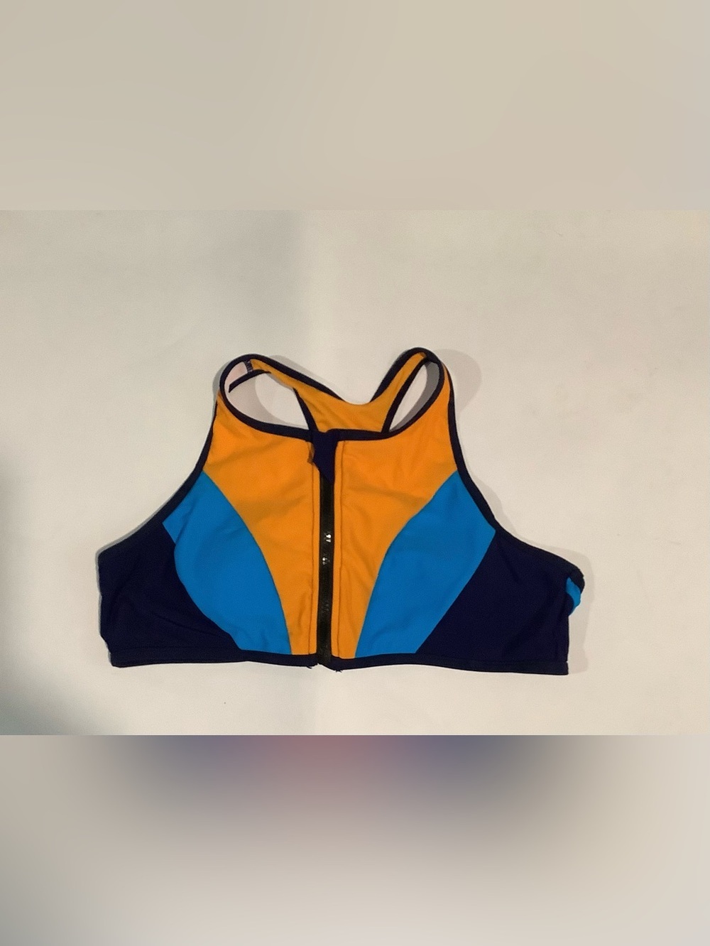 Front-Zip Women’s High-Impact Sports Bra in Orange, Blue & Navy